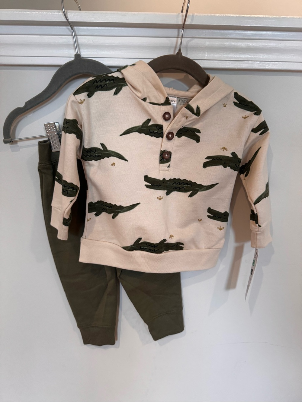Carter's Toddler Beige Hoodie & Olive Pants Set with Green Alligator Print